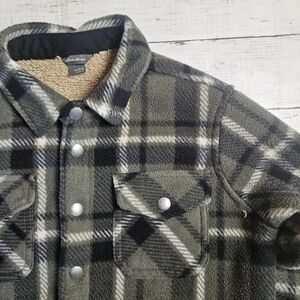 Eddie Bauer Kids Sherpa  Fleece Lined Boys Green Plaid Flannel Jacket, 10/12